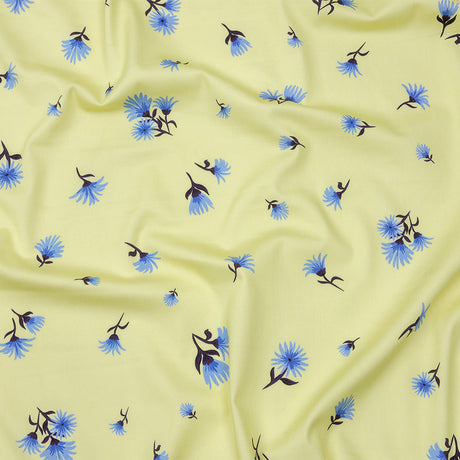 Stretch Cotton and Viscose Sateen Print - Pale Yellow and Blue Floral - Mood Exclusive Daisy Dance