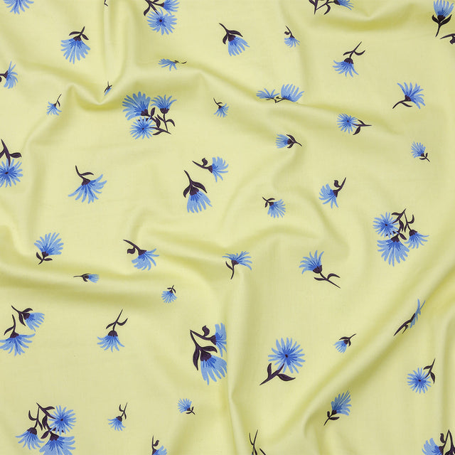 Stretch Cotton and Viscose Sateen Print - Pale Yellow and Blue Floral - Mood Exclusive Daisy Dance