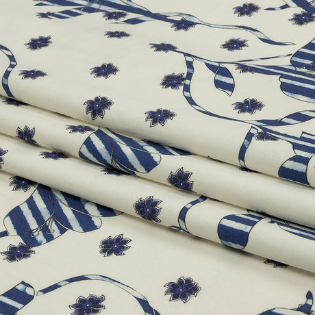 Stretch Cotton and Viscose Sateen Print - Blue and Cream Striped Flowers - Mood Exclusive Drip Drip Drop