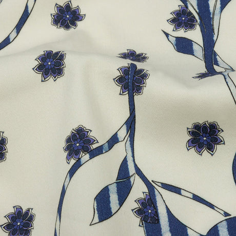 Stretch Cotton and Viscose Sateen Print - Blue and Cream Striped Flowers - Mood Exclusive Drip Drip Drop
