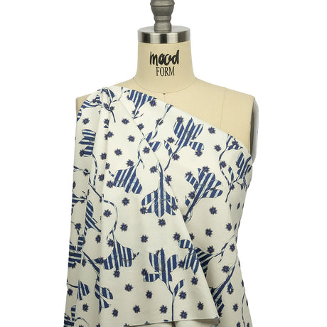 Stretch Cotton and Viscose Sateen Print - Blue and Cream Striped Flowers - Mood Exclusive Drip Drip Drop