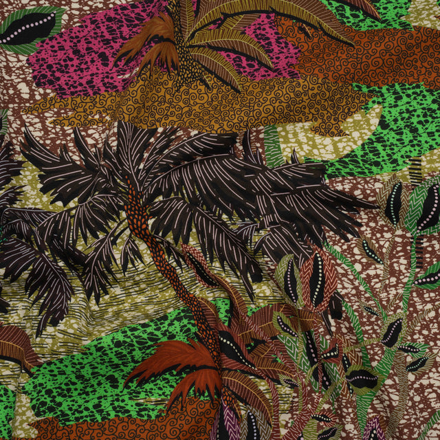 Stretch Cotton Twill Print - Brown and Green Textural Palm Trees - Mood Exclusive Island Energy