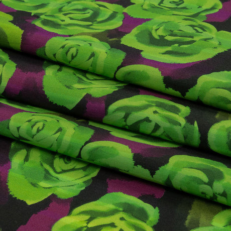 Cotton Poplin Print - Lime Green and Purple Roses - Mood Exclusive Ghost of a Rose