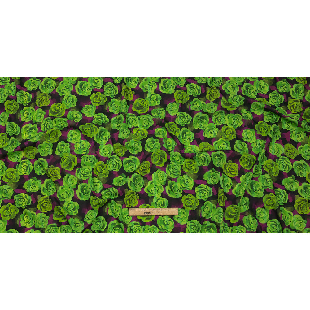 Cotton Poplin Print - Lime Green and Purple Roses - Mood Exclusive Ghost of a Rose