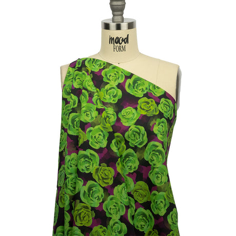 Cotton Poplin Print - Lime Green and Purple Roses - Mood Exclusive Ghost of a Rose
