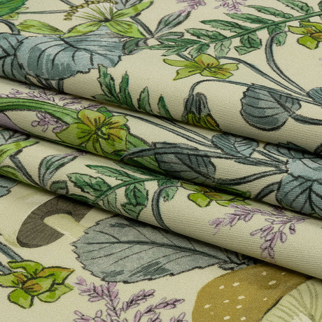 Stretch Cotton Twill Print - Cream. Green and Blue Mushrooms and Flowers - Mood Exclusive Mycelium Mystique