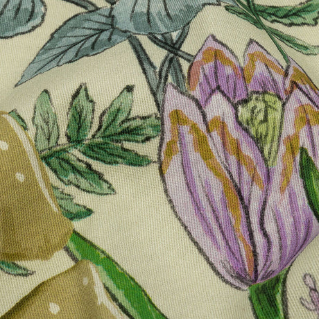 Stretch Cotton Twill Print - Cream. Green and Blue Mushrooms and Flowers - Mood Exclusive Mycelium Mystique