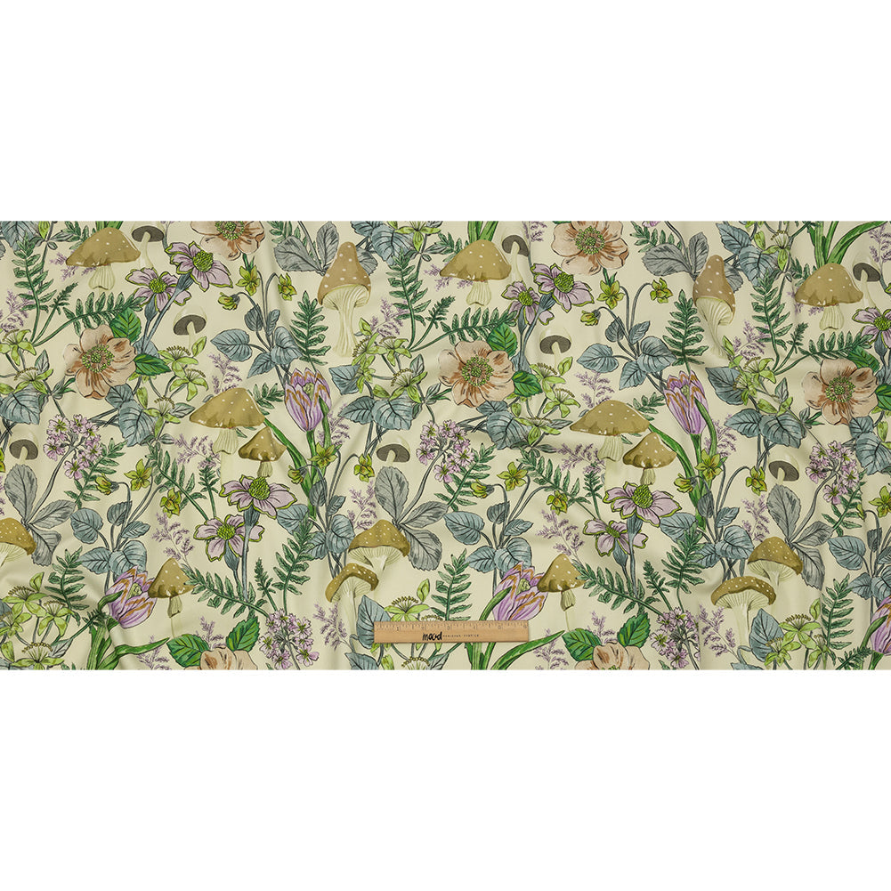 Stretch Cotton Twill Print - Cream. Green and Blue Mushrooms and Flowers - Mood Exclusive Mycelium Mystique