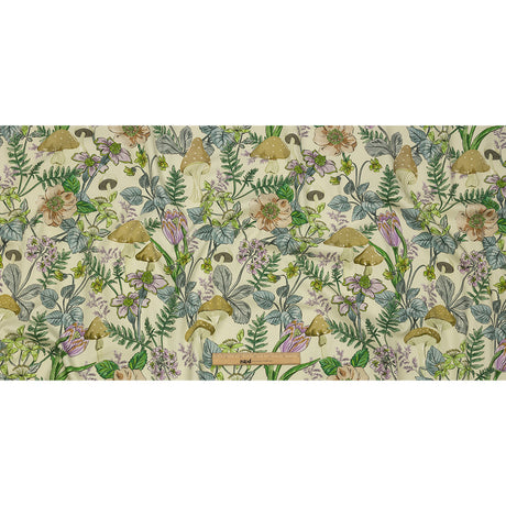 Stretch Cotton Twill Print - Cream. Green and Blue Mushrooms and Flowers - Mood Exclusive Mycelium Mystique
