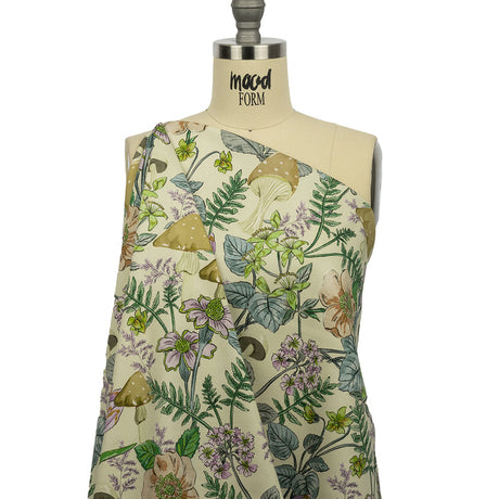 Stretch Cotton Twill Print - Cream. Green and Blue Mushrooms and Flowers - Mood Exclusive Mycelium Mystique