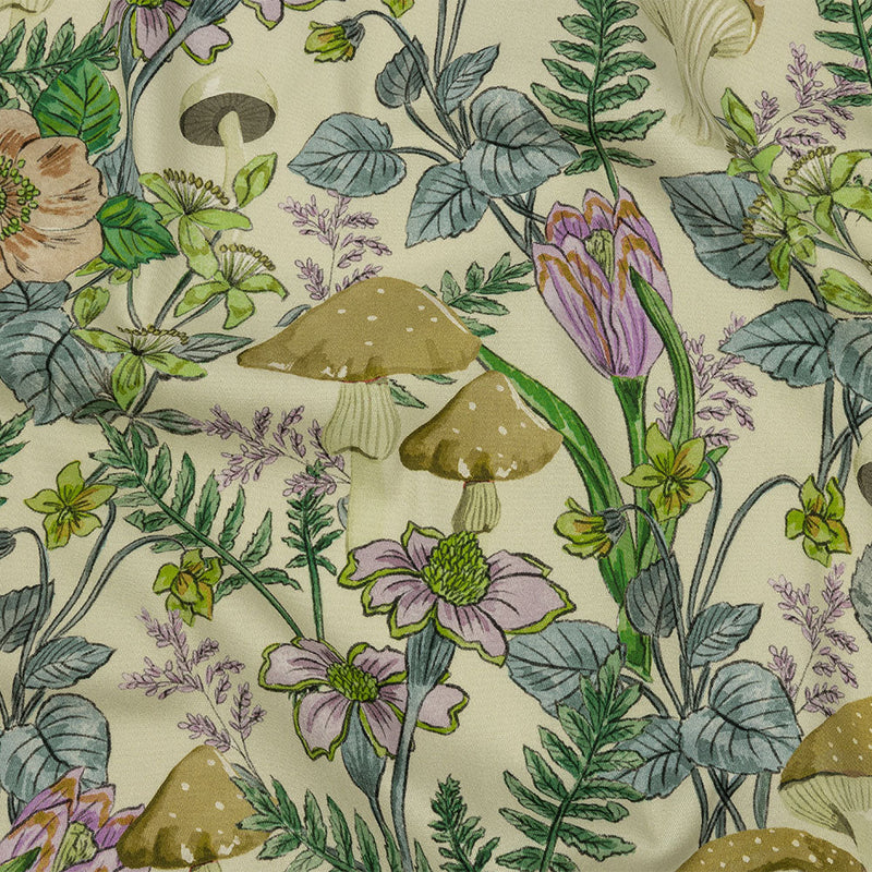 Stretch Cotton Twill Print - Cream. Green and Blue Mushrooms and Flowers - Mood Exclusive Mycelium Mystique