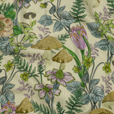 Stretch Cotton Twill Print - Cream. Green and Blue Mushrooms and Flowers - Mood Exclusive Mycelium Mystique