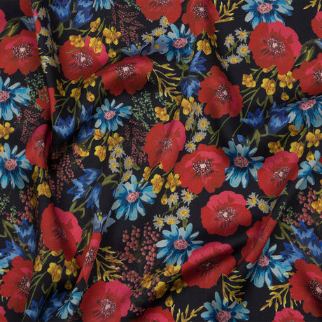 Polyester Twill Print - Red, Blue and Yellow Floral - Mood Exclusive Poppies Please