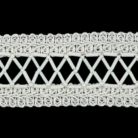 Vintage White and Ivory Lattice Window Rectangular Beaded and Braided Applique - 7.75" x 1.5"