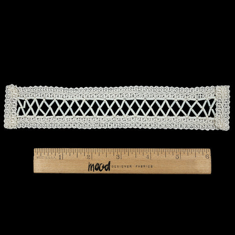 Vintage White and Ivory Lattice Window Rectangular Beaded and Braided Applique - 7.75" x 1.5"