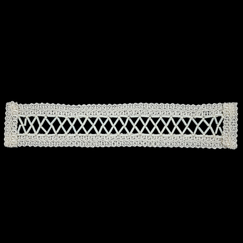 Vintage White and Ivory Lattice Window Rectangular Beaded and Braided Applique - 7.75" x 1.5"
