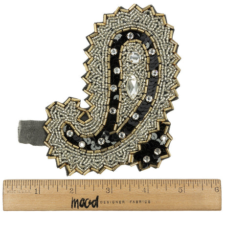Vintage Black, Silver and Gold Right Paisley Beaded, Sequined and Rhinestone Applique - 5.25" x 3.75"