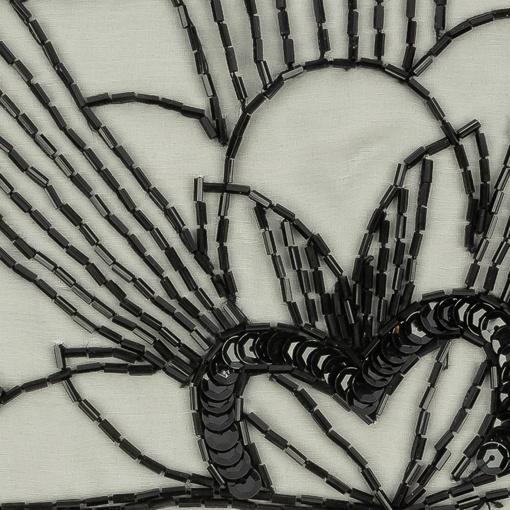 Vintage Black Floral Lines Right Glass Beaded Sheer Panel Applique - 7.5" x 6.75"