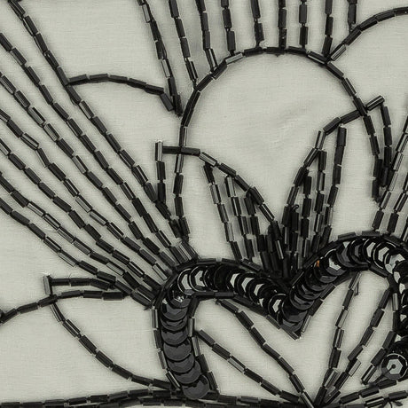 Vintage Black Floral Lines Right Glass Beaded Sheer Panel Applique - 7.5" x 6.75"