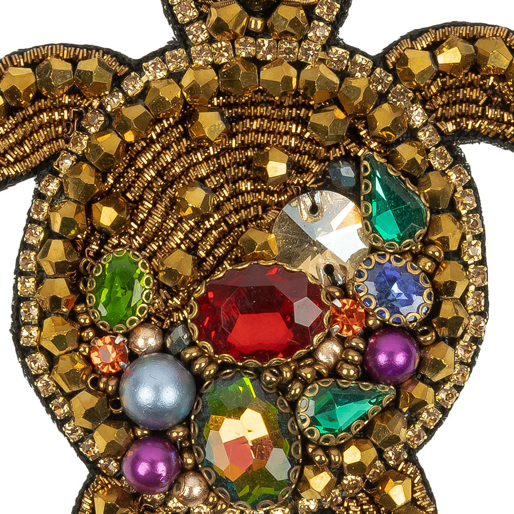 Metallic Gold and Multicolor Sea Turtle Rhinestones and Glass Beaded Applique - 3.5" x 2.88"