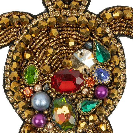 Metallic Gold and Multicolor Sea Turtle Rhinestones and Glass Beaded Applique - 3.5" x 2.88"