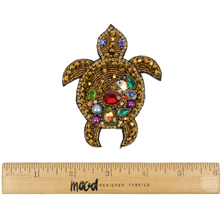 Metallic Gold and Multicolor Sea Turtle Rhinestones and Glass Beaded Applique - 3.5" x 2.88"