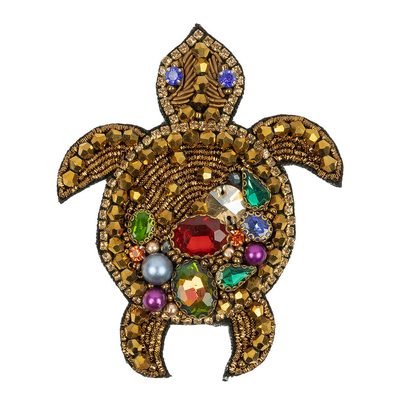 Metallic Gold and Multicolor Sea Turtle Rhinestones and Glass Beaded Applique - 3.5" x 2.88"