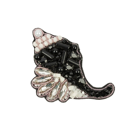 Black, White and Silver Conch Shell Rhinestone and Glass Beaded Applique - 3.13" x 2.25"