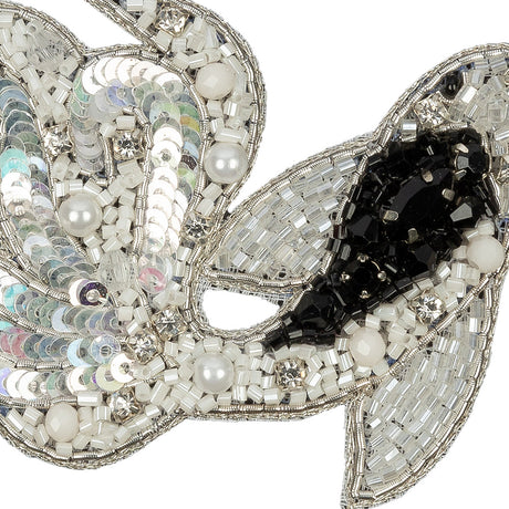 Black, White and Silver Fancy Fish Rhinestones, Sequins and Glass Beaded Applique - 2.625" x 3"
