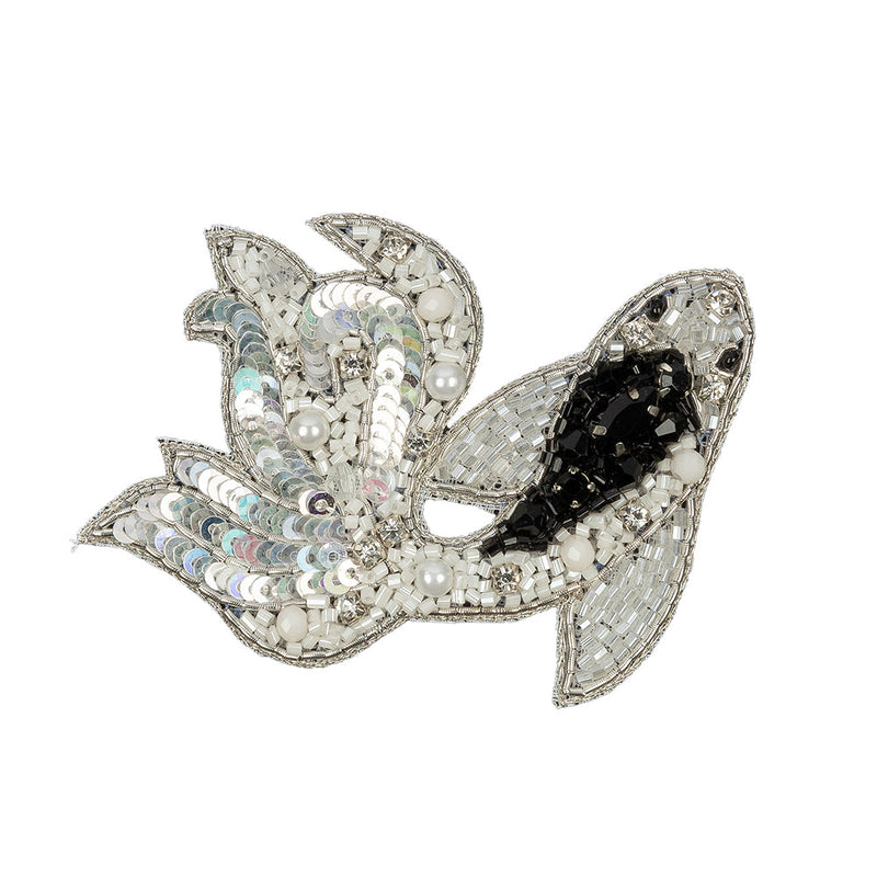 Black, White and Silver Fancy Fish Rhinestones, Sequins and Glass Beaded Applique - 2.625" x 3"