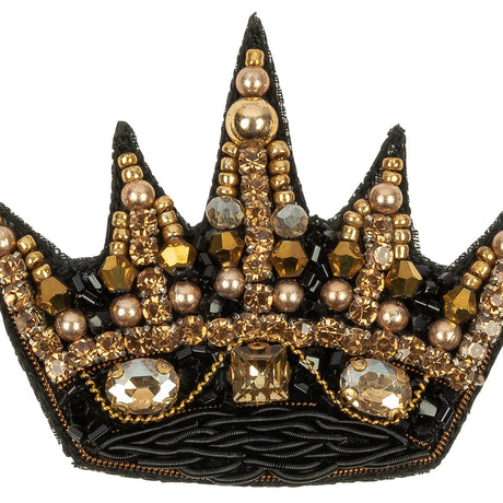 Black and Gold Crown Rhinestone and Glass Beaded Applique - 2.125" x 2.5"