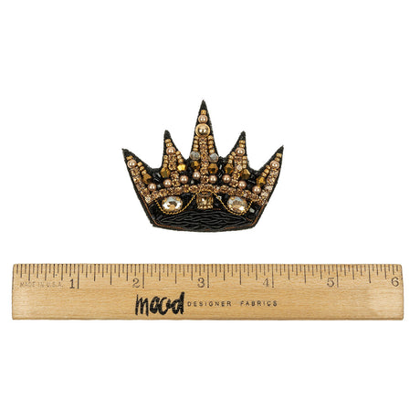 Black and Gold Crown Rhinestone and Glass Beaded Applique - 2.125" x 2.5"
