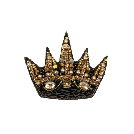 Black and Gold Crown Rhinestone and Glass Beaded Applique - 2.125" x 2.5"