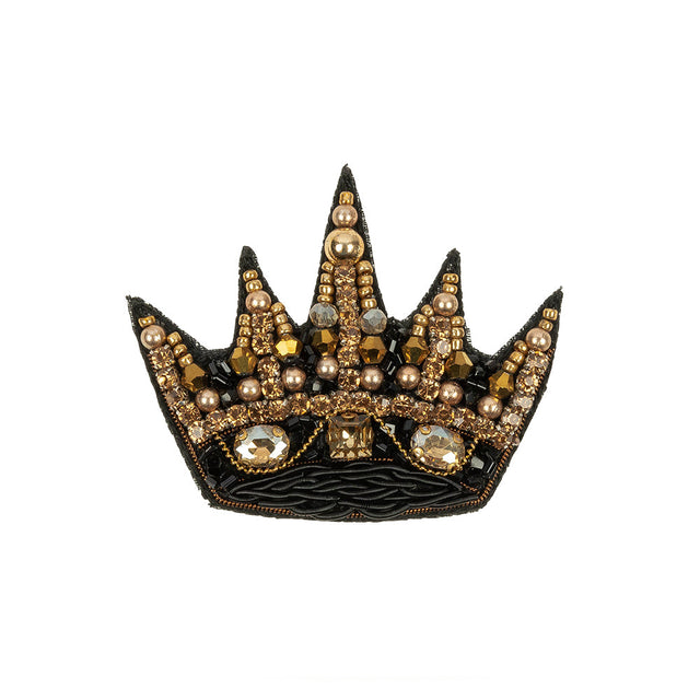 Black and Gold Crown Rhinestone and Glass Beaded Applique - 2.125" x 2.5"