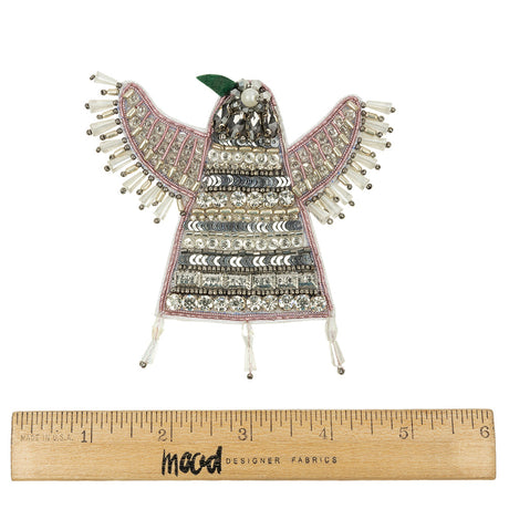Silver and Pink Geometric Bird Rhinestone and Glass Beaded Applique - 3.875" x 4"