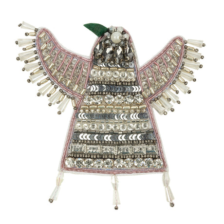 Silver and Pink Geometric Bird Rhinestone and Glass Beaded Applique - 3.875" x 4"