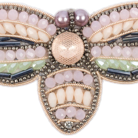 Pink, Green and Gunmetal Fly Rhinestone and Glass Beaded Applique - 1.875" x 3"