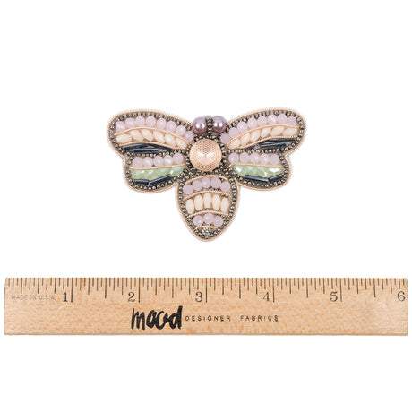 Pink, Green and Gunmetal Fly Rhinestone and Glass Beaded Applique - 1.875" x 3"