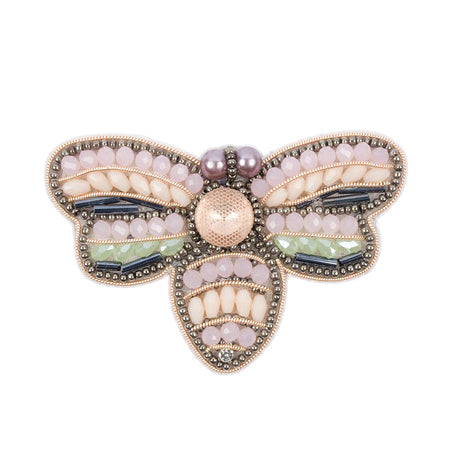 Pink, Green and Gunmetal Fly Rhinestone and Glass Beaded Applique - 1.875" x 3"