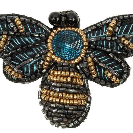 Black, Teal and Gold Fly Embroidered and Glass Beaded Applique - 1.875" x 3"