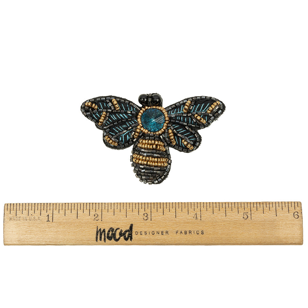 Black, Teal and Gold Fly Embroidered and Glass Beaded Applique - 1.875" x 3"