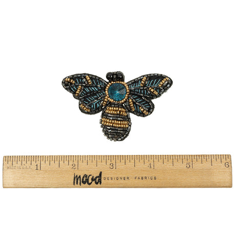 Black, Teal and Gold Fly Embroidered and Glass Beaded Applique - 1.875" x 3"