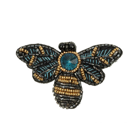 Black, Teal and Gold Fly Embroidered and Glass Beaded Applique - 1.875" x 3"