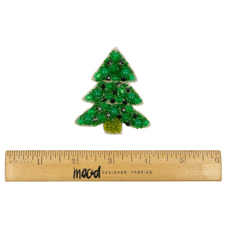 Green and Silver Christmas Tree Rhinestones and Glass Beaded Applique - 2.5" x 2.125"