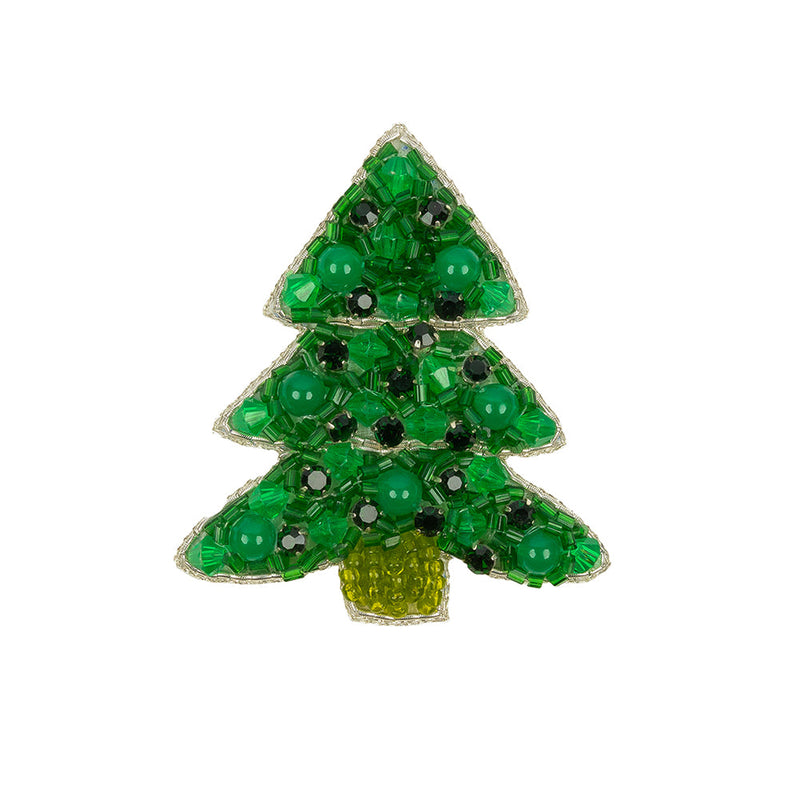 Green and Silver Christmas Tree Rhinestones and Glass Beaded Applique - 2.5" x 2.125"
