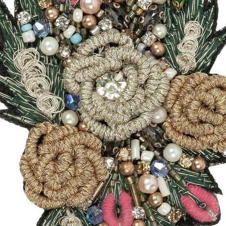 Black, Gold and Pink Rose Embroidered, Rhinestone and Glass Beaded Bouquet Applique - 3.875" x 2.5"