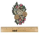 Black, Gold and Pink Rose Embroidered, Rhinestone and Glass Beaded Bouquet Applique - 3.875" x 2.5"
