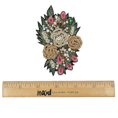 Black, Gold and Pink Rose Embroidered, Rhinestone and Glass Beaded Bouquet Applique - 3.875" x 2.5"