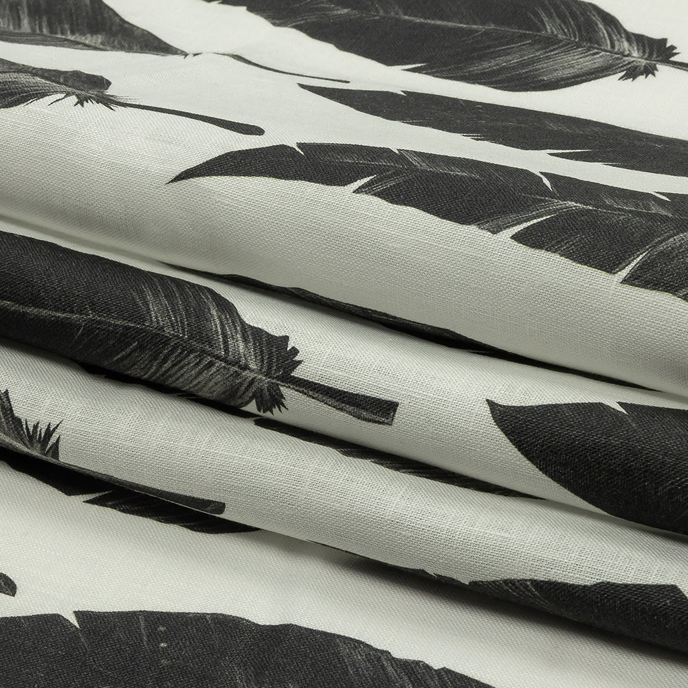 Black and White Feather Array Medium Weight Linen Woven