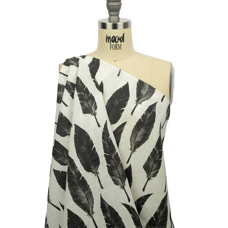 Black and White Feather Array Medium Weight Linen Woven